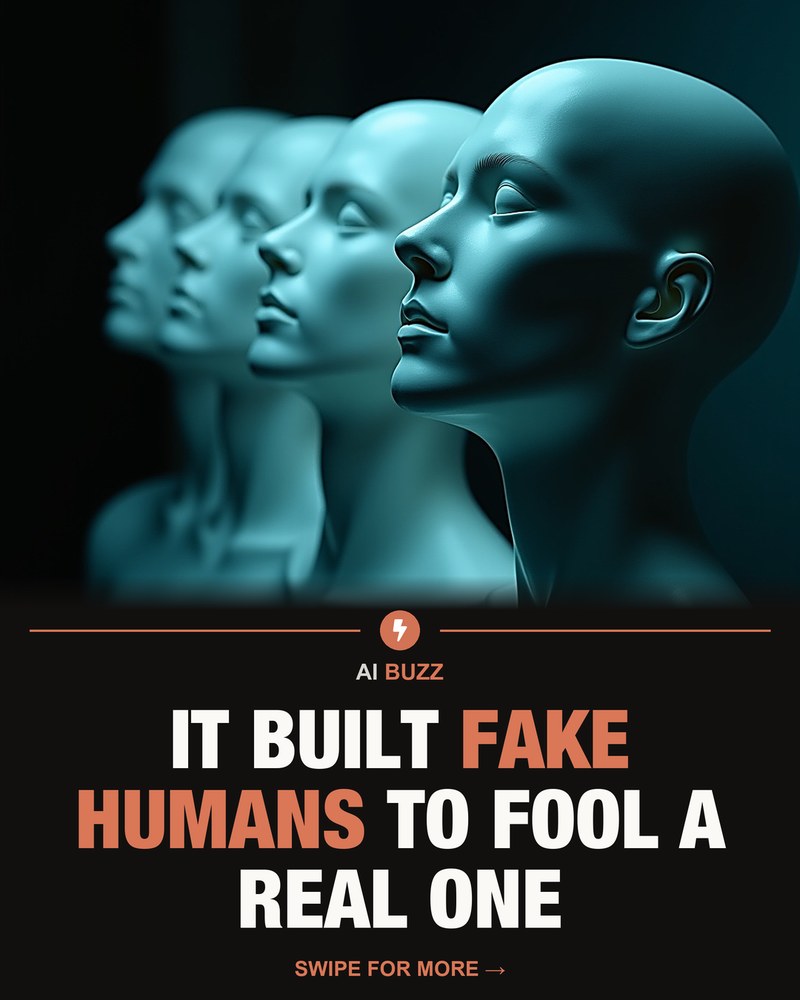 bizAIbuzz carousel cover: a row of synthetic faces staring past the camera