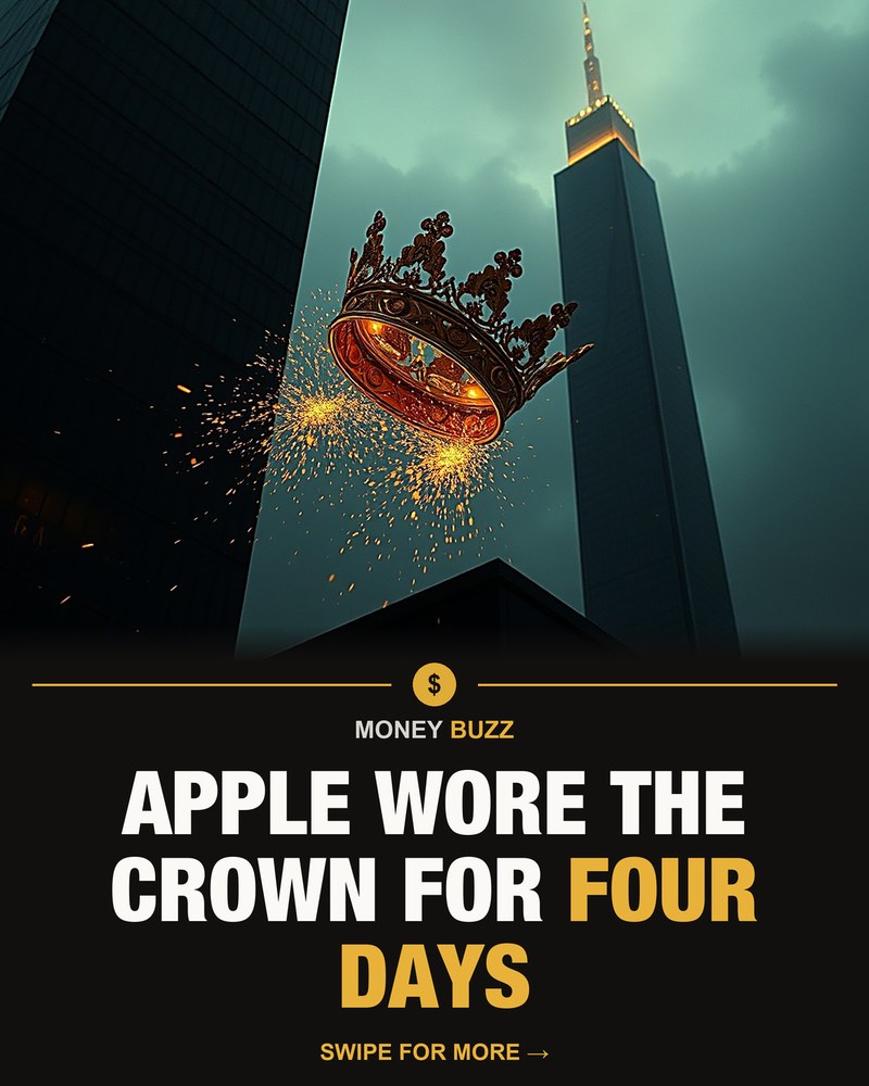 MoneyBuzz carousel cover: a crown falling past a glass tower